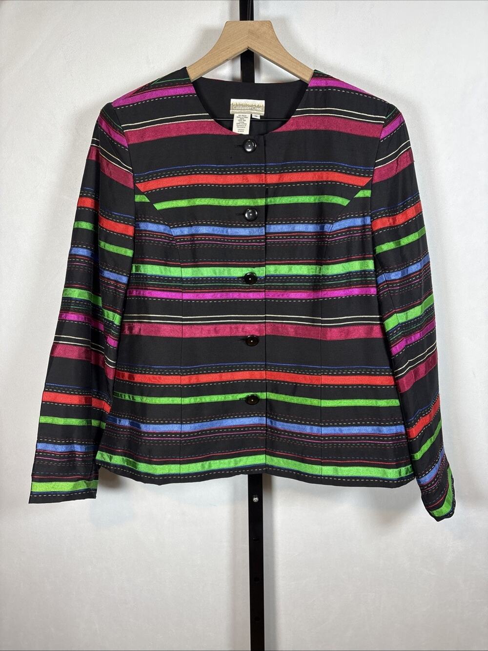 Coldwater Creek Black Silk Jacket Women's 10 Colorful Ribbons Classic Festive